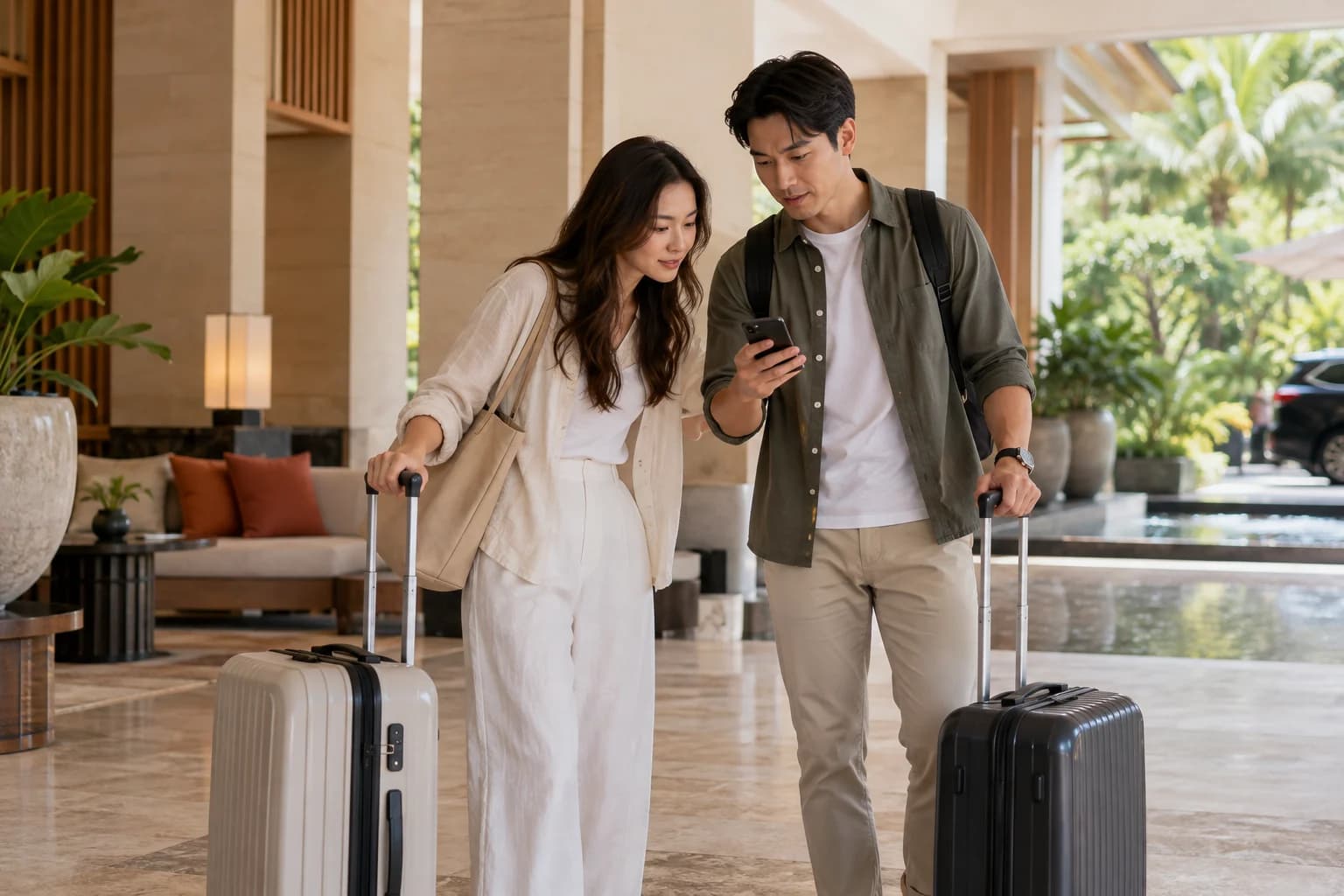 Illustrative departure scene: two travellers with suitcases checking their itinerary on a phone in a hotel lobby