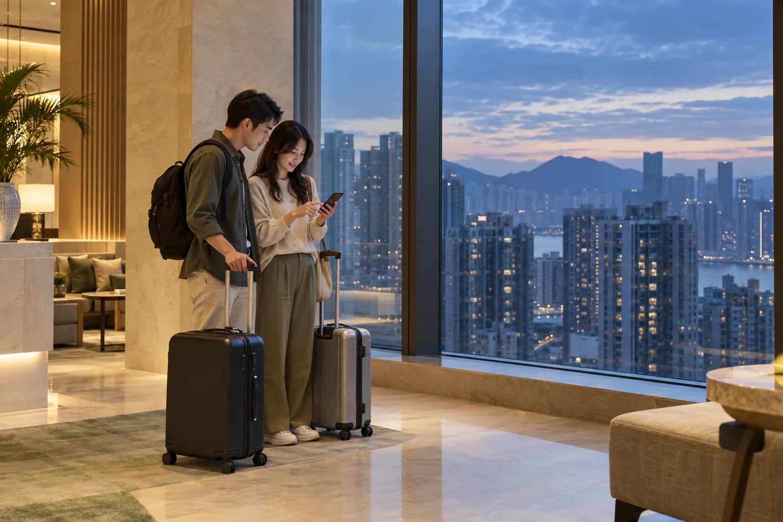 Early-departure scene: two travellers with suitcases checking a phone itinerary beside a hotel window