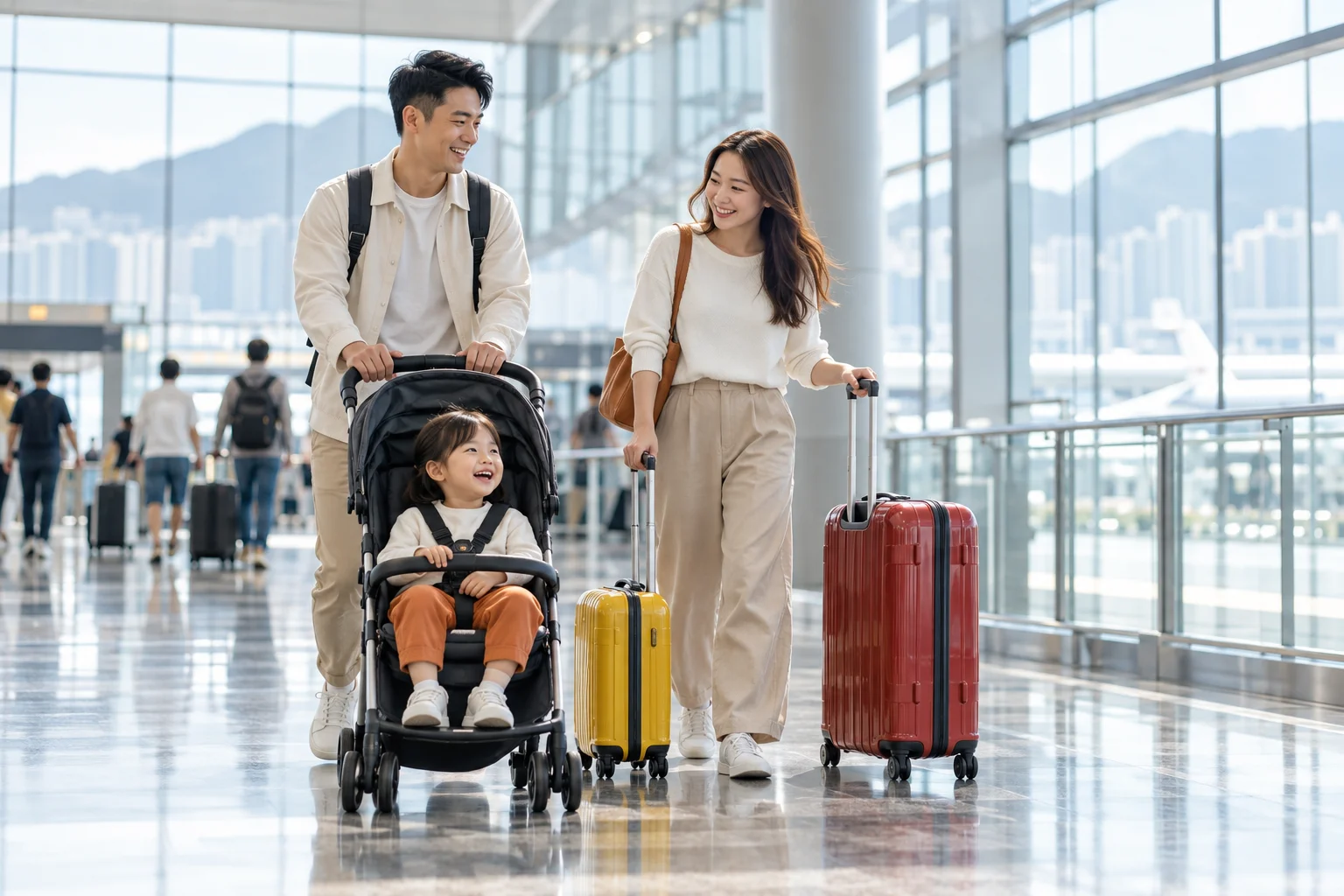 Family travel scene: parents with a child in a stroller and suitcases in an airport concourse