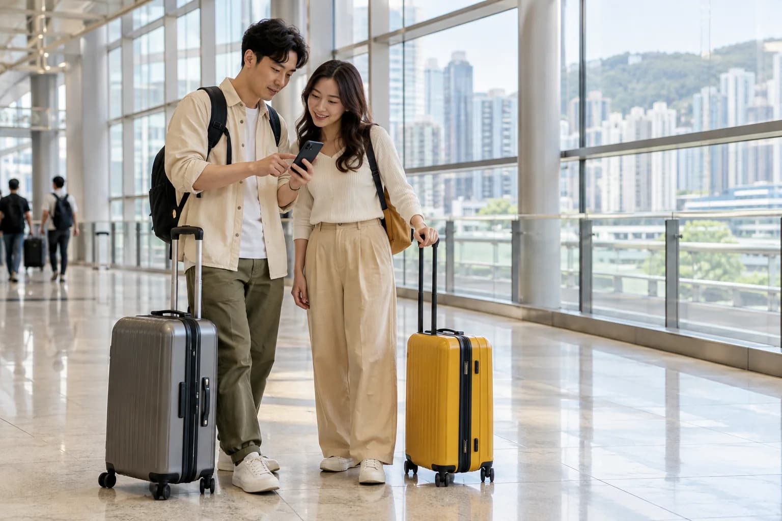 Illustrative transfer scene: two travellers with suitcases checking their itinerary in a bright pedestrian concourse